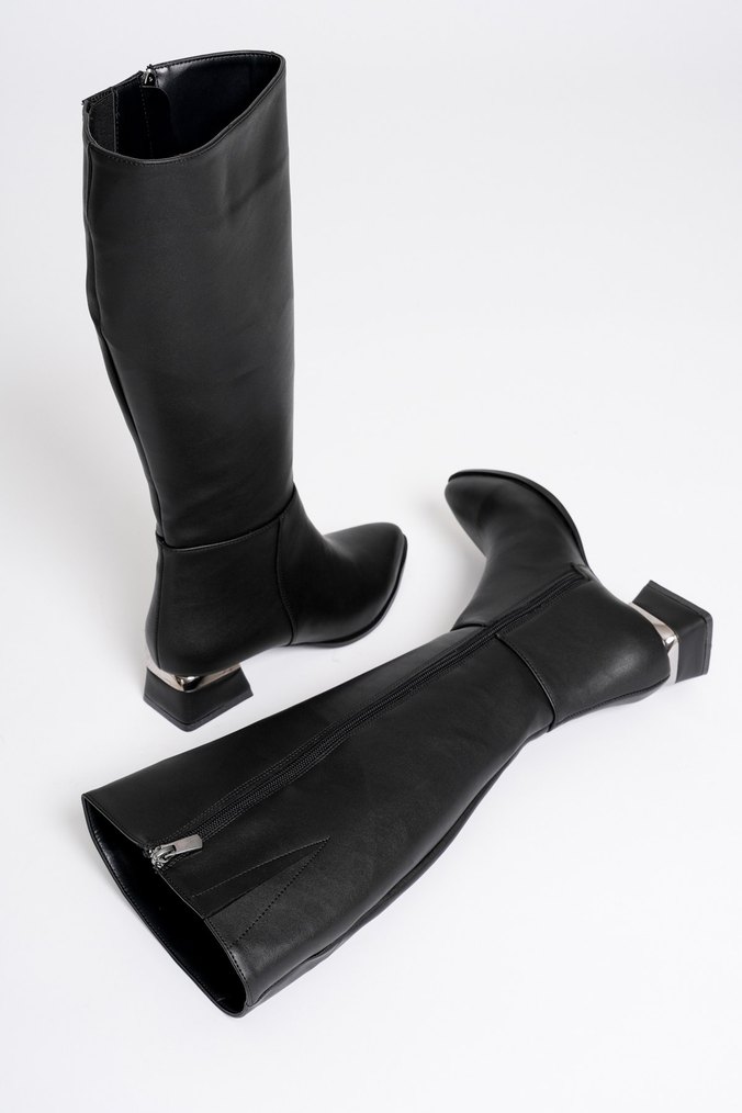 Siyah Deri Topuklu Dizüstü Kadın Çizme - Görsel 2
