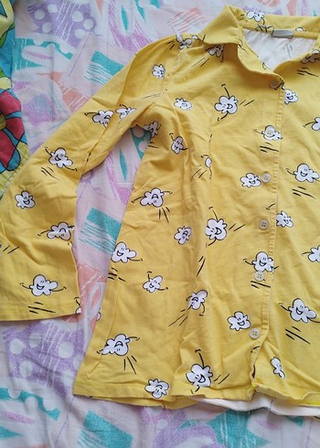12-13 Yaş Beden sarı Renk Sarı Desenli Kadın Pijama Takımı