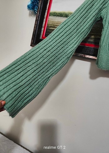 Yeşil V Yakalı yün Kadın Kazak - Görsel 3