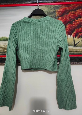 Yeşil V Yakalı yün Kadın Kazak - Görsel 2