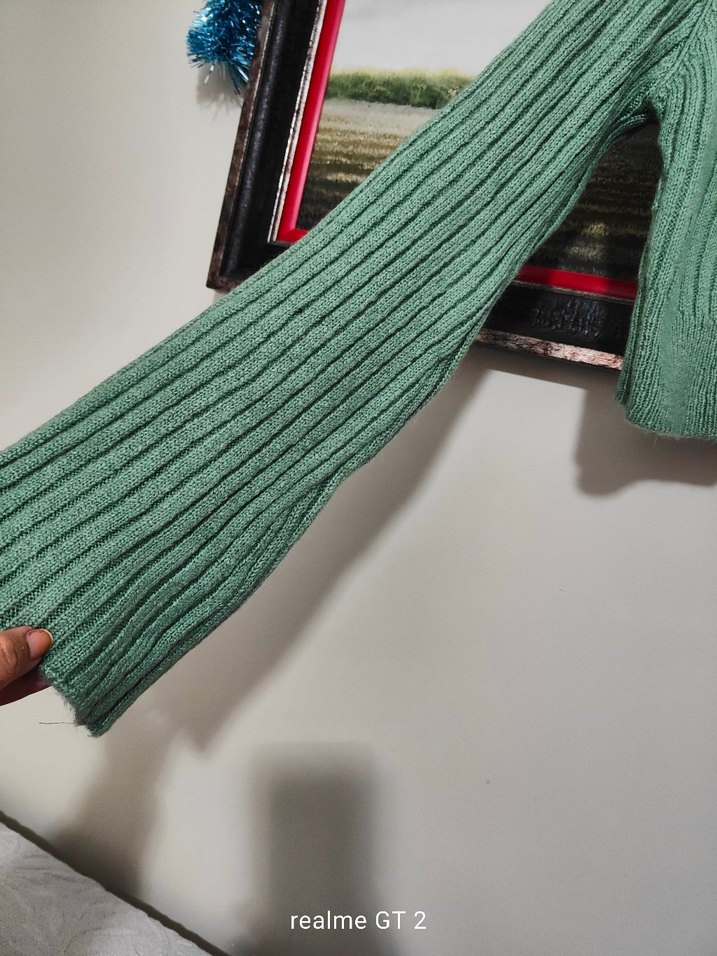 Yeşil V Yakalı yün Kadın Kazak - Görsel 3