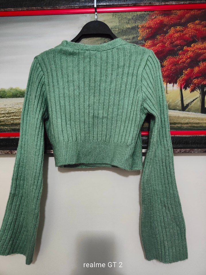 Yeşil V Yakalı yün Kadın Kazak - Görsel 2