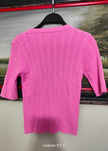 Pembe Kısa Kollu Triko Kazak - Görsel 3