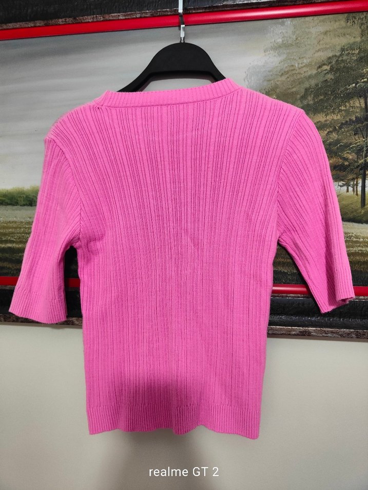 Pembe Kısa Kollu Triko Kazak - Görsel 3