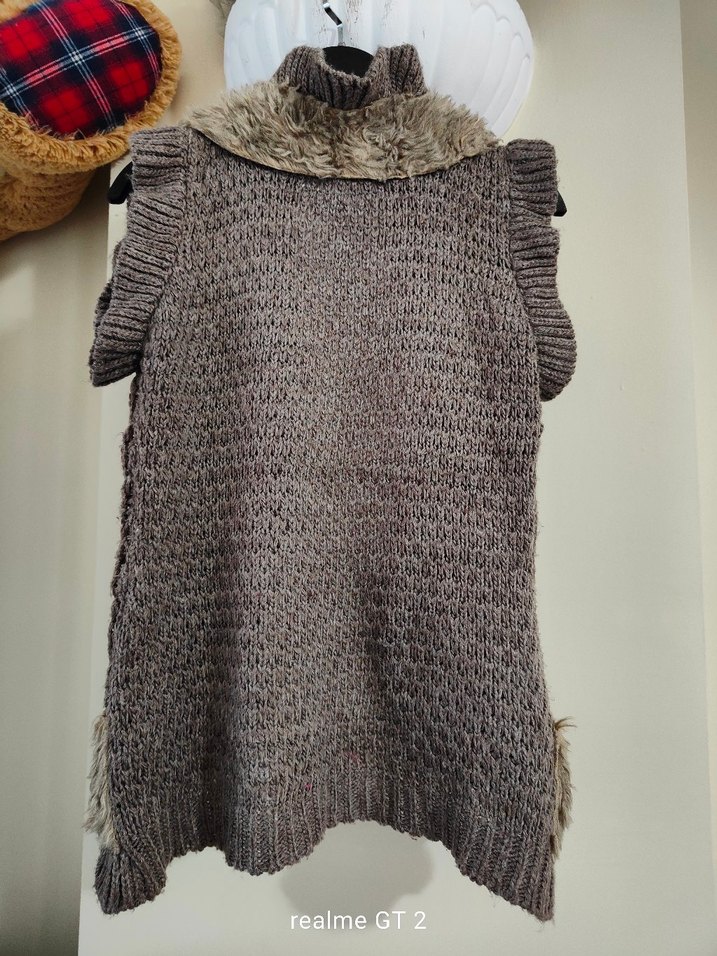 Kahverengi Kürklü Bohem Kadın Triko Yelek - Görsel 2