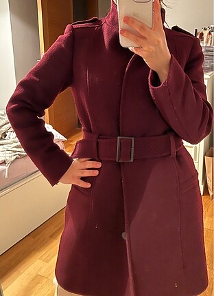 Mango Az Kullanılmış Bordo Kaşe Kuşaklı Kaban
