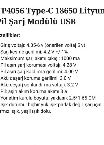  Beden Tp4056 Korumalı Pil Şarj Devresi Type C