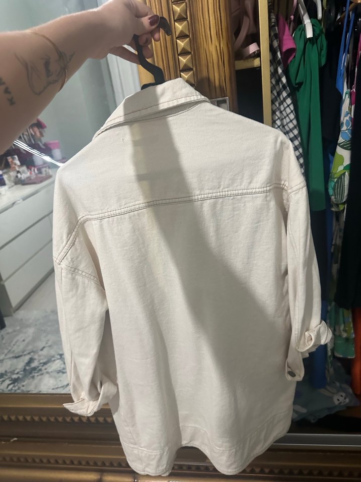 Düğmeli Beyaz ve krem kot Midi Kadın Ceket - Görsel 2