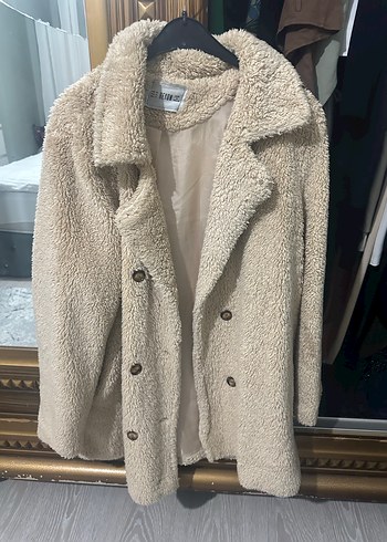 Bej Düğmeli Kadın Midi Kaban kürk - Görsel 2