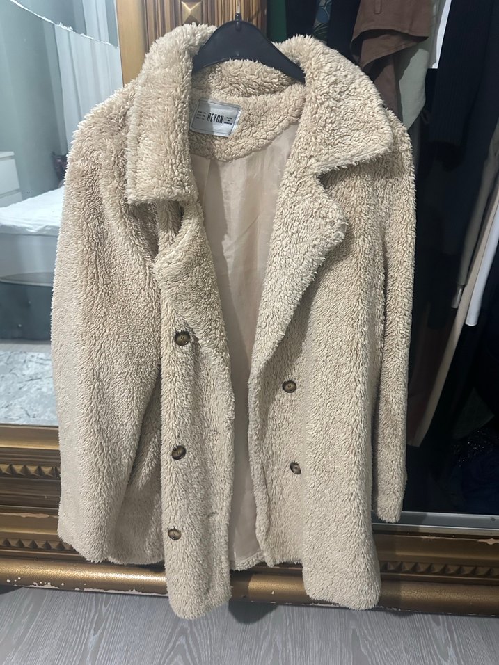 Bej Düğmeli Kadın Midi Kaban kürk - Görsel 2