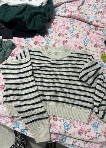 Gri Çizgili Örgü Kadın Kazak - Görsel 2