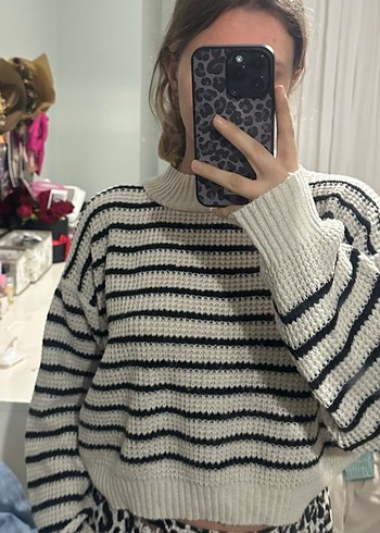 Gri Çizgili Örgü Kadın Kazak - Görsel 3