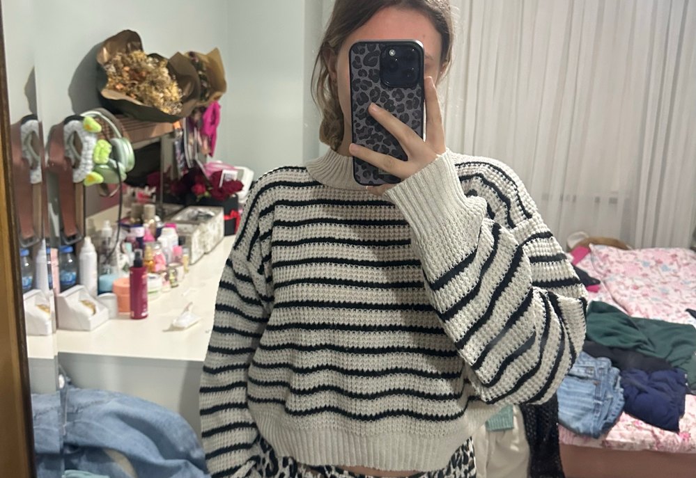 Gri Çizgili Örgü Kadın Kazak - Görsel 3