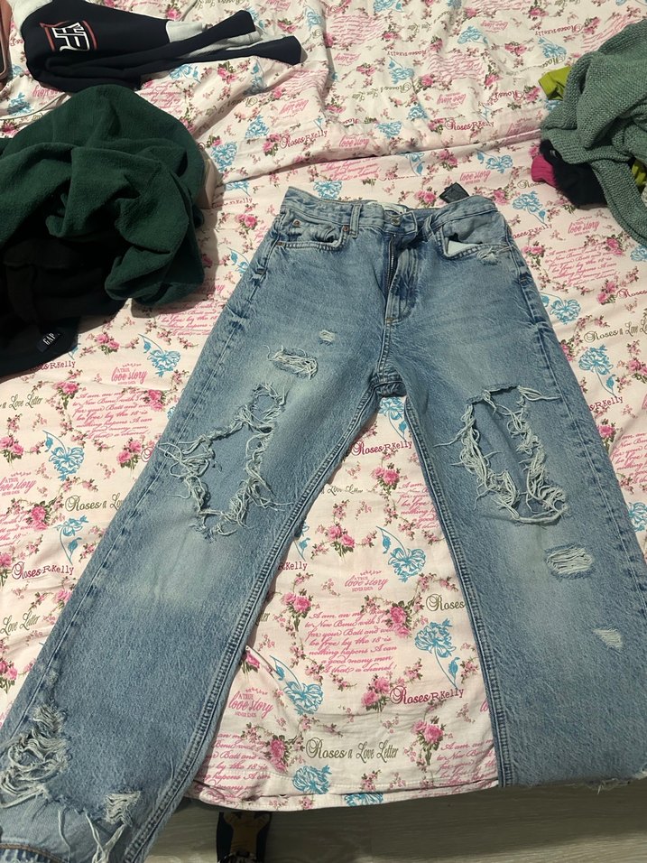 Kadın zara Mavi Bol Kesim Yırtık Kot Pantolon - Görsel 2