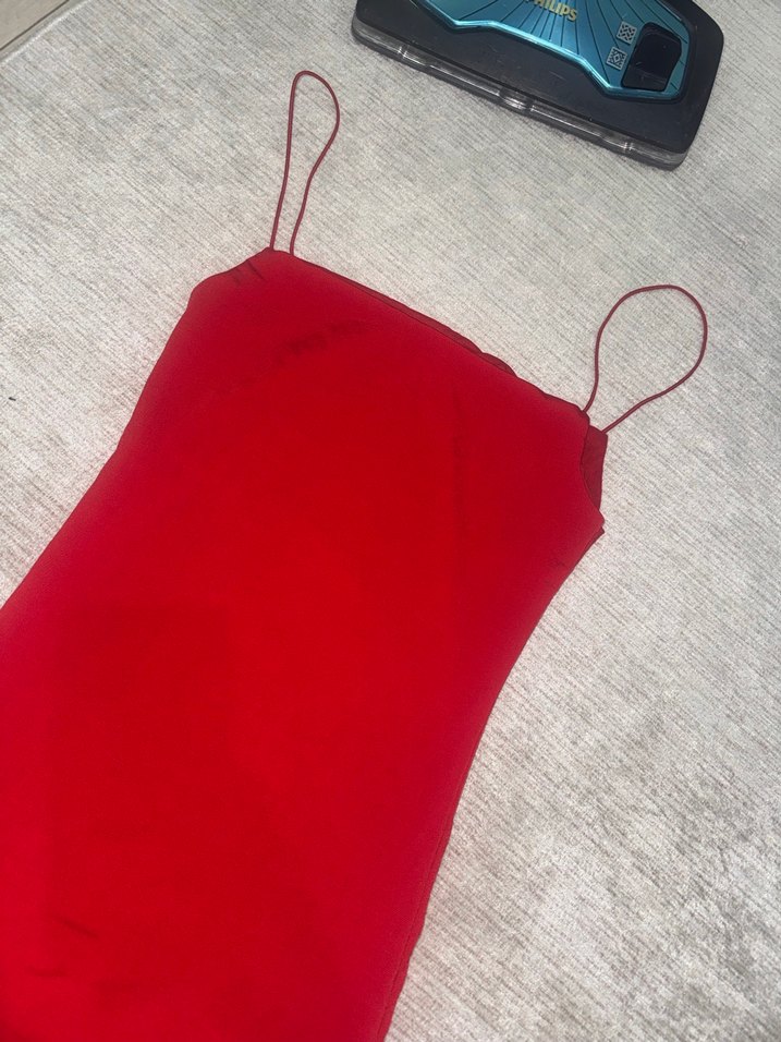 Kırmızı Mini İp Askılı Elbise - Görsel 2