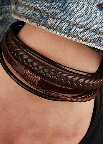 Erkek Kahverengi Bohem Deri Bileklik - Görsel 2