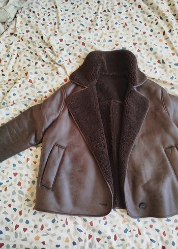 m Beden Kahverengi Kürklü Deri Kadın Ceket