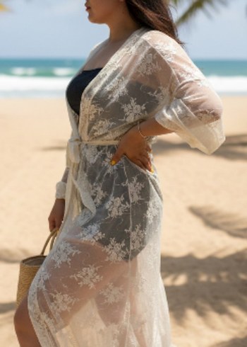 Uzun Beyaz Nakışlı Bohem Kadın Sabahlık - Görsel 3