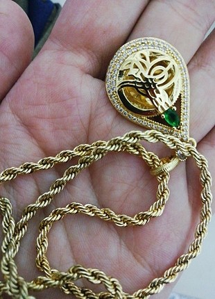 Altın sarısı su damlası tugra kolye