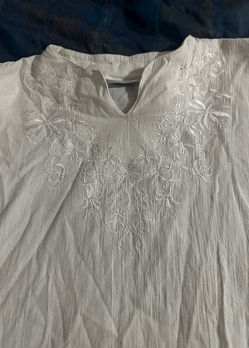 Bohem şike bezi V Yaka Kısa Kollu Beyaz Kadın Bluz - Görsel 2