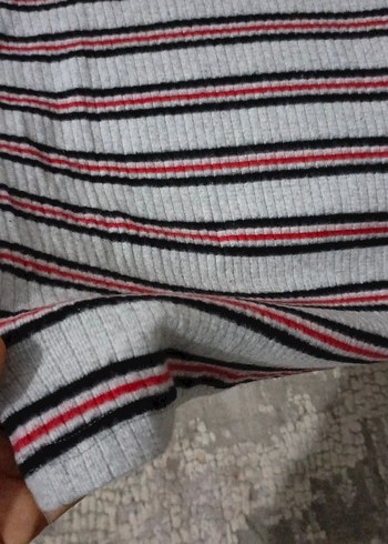 Kadın Gri Çizgili Uzun Kollu Triko Kazak - Görsel 4