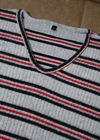 Kadın Gri Çizgili Uzun Kollu Triko Kazak - Görsel 5