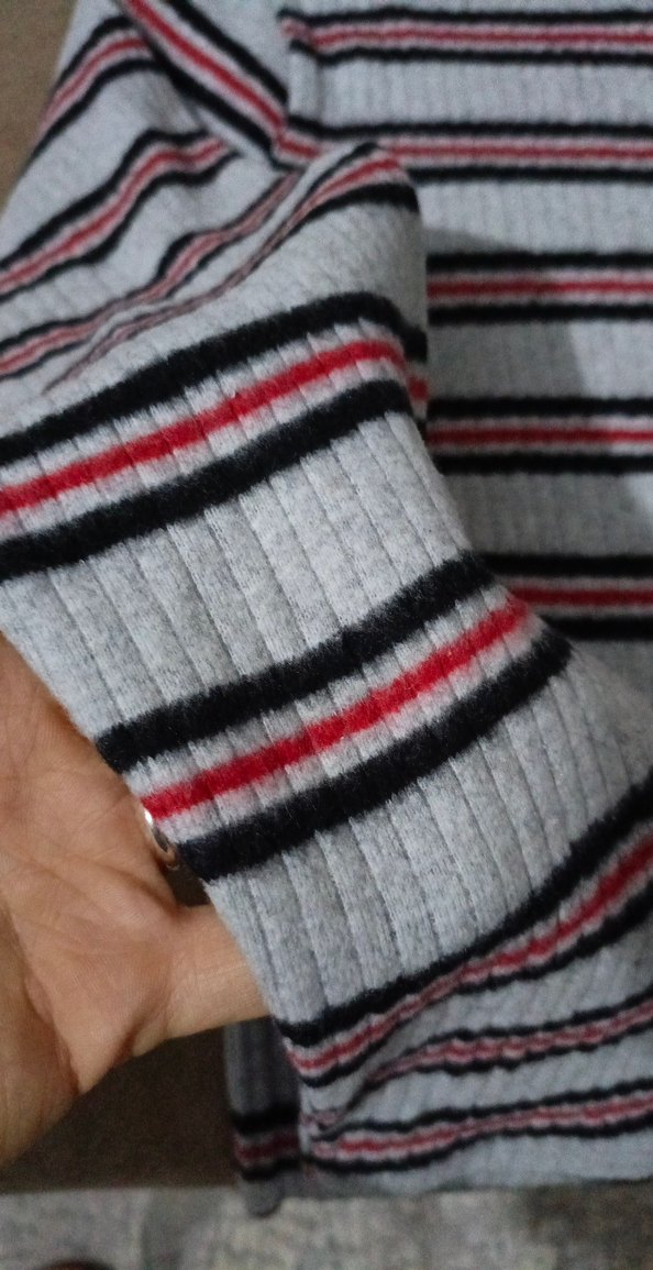 Kadın Gri Çizgili Uzun Kollu Triko Kazak - Görsel 3