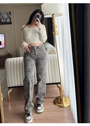Örgü Kumaşlı Gri Kahverengi Zebra Desenli Kadın Pantolon