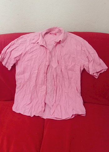 Düğmeli Kısa Kollu Pembe Keten Gömlek - Görsel 2