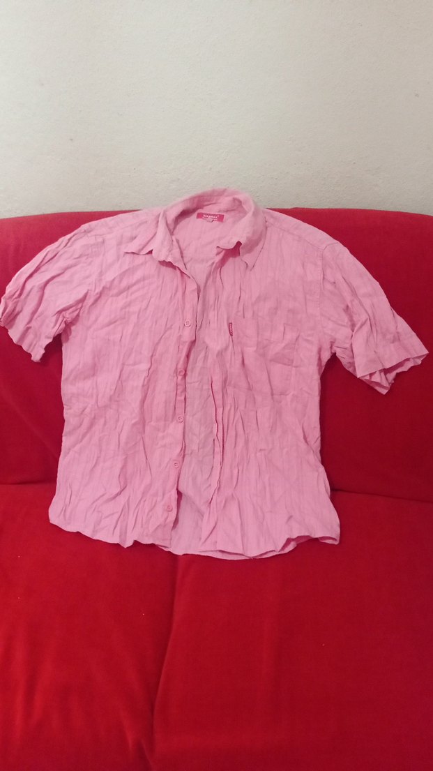 Düğmeli Kısa Kollu Pembe Keten Gömlek - Görsel 2