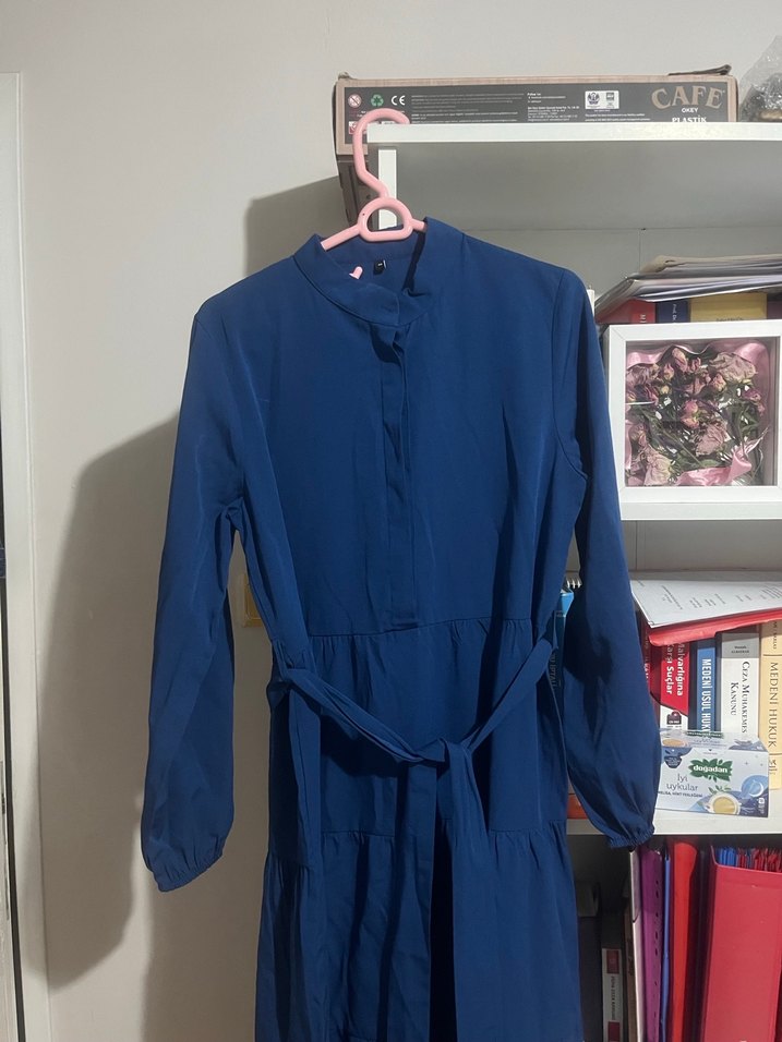 Uzun Kollu Lacivert Elbise - Görsel 4