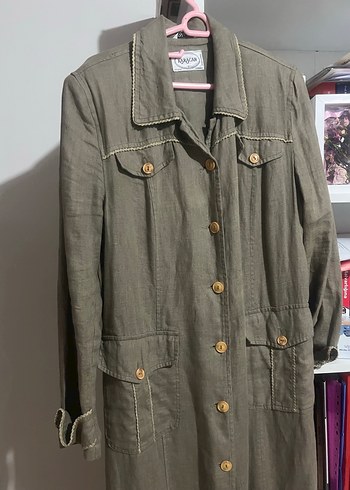 Düğmeli Kadın Uzun Keten Trençkot - Görsel 5