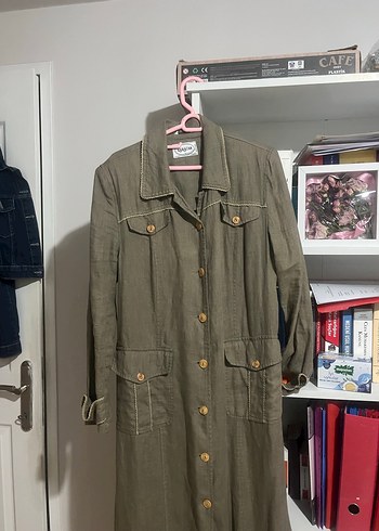 Düğmeli Kadın Uzun Keten Trençkot - Görsel 2