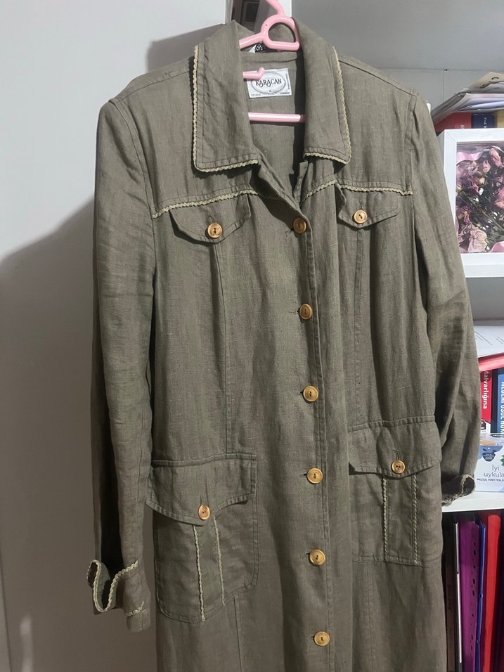 Düğmeli Kadın Uzun Keten Trençkot - Görsel 5