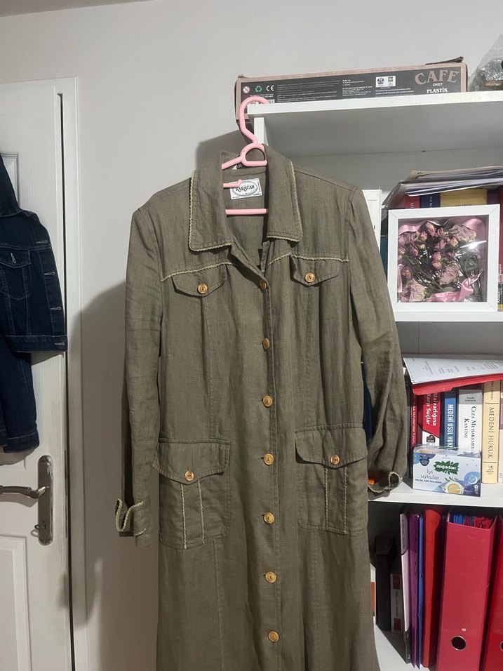 Düğmeli Kadın Uzun Keten Trençkot - Görsel 2