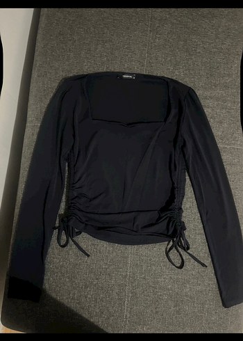 Uzun Kollu Mini Bluz, Koyu Lacivert, Dar Kesim - Görsel 3