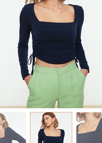 Uzun Kollu Mini Bluz, Koyu Lacivert, Dar Kesim - Görsel 2