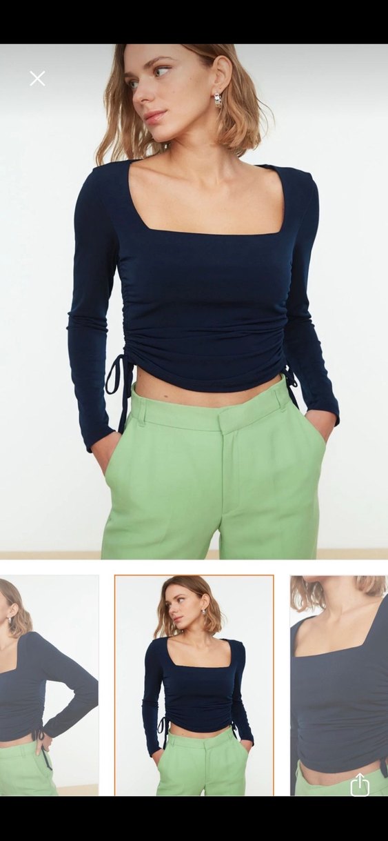 Uzun Kollu Mini Bluz, Koyu Lacivert, Dar Kesim - Görsel 2