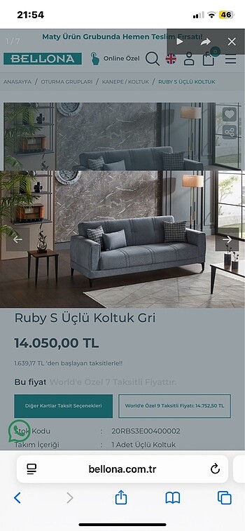 Bellona gri 3 lü koltuk