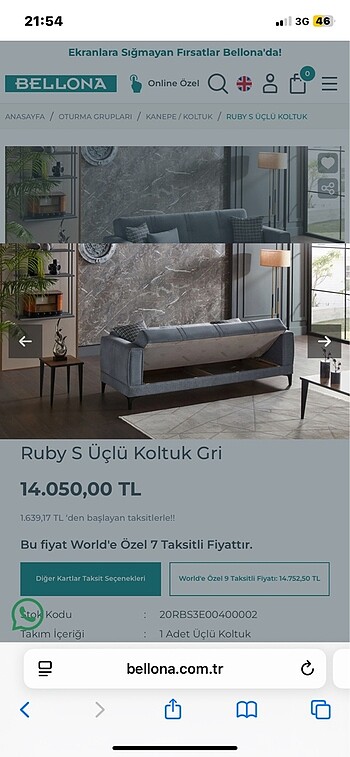 Bellona Bellona gri 3 lü koltuk