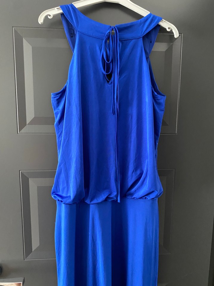 Zincir Detaylı Mavi Uzun Abiye Elbise - Görsel 3