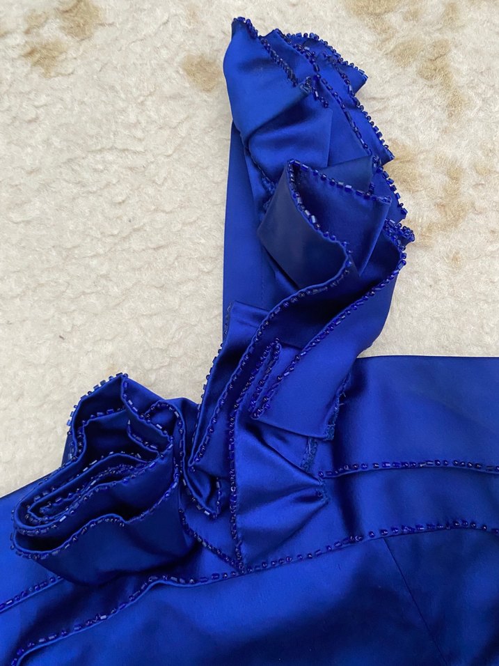 Mavi Drapeli Tek Omuz Midi Elbise - Görsel 2