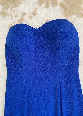 Askısız, Drapeli Uzun Mavi Simli Kadın Elbise - Görsel 3