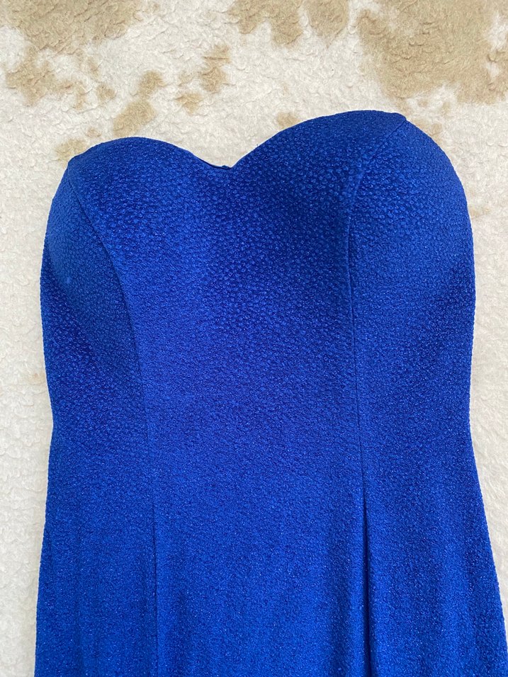 Askısız, Drapeli Uzun Mavi Simli Kadın Elbise - Görsel 3