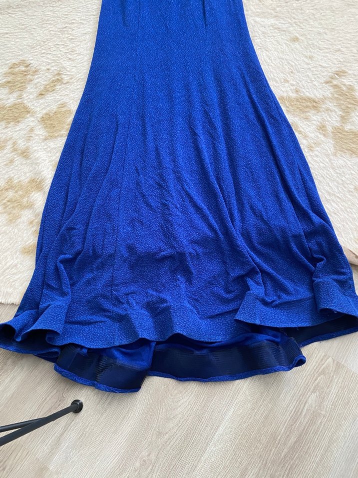 Askısız, Drapeli Uzun Mavi Simli Kadın Elbise - Görsel 4