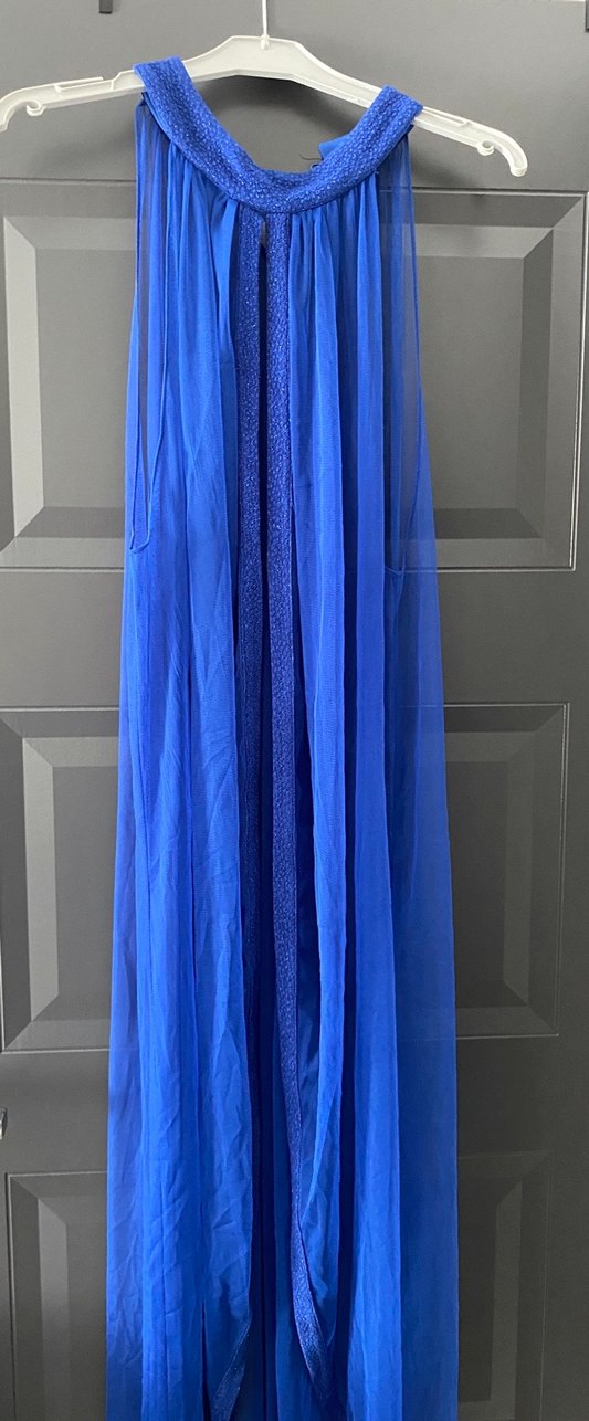 Askısız, Drapeli Uzun Mavi Simli Kadın Elbise - Görsel 2