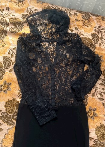 Bershka Siyah Dantel Detaylı Uzun Kollu Gotik Elbise