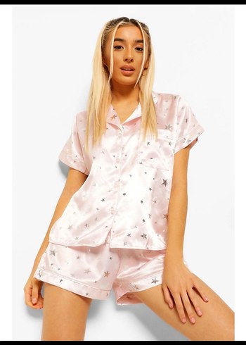 Parlak Pembe Yıldız Desenli Mini Pijama Takımı