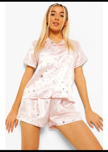 38 Beden Parlak Pembe Yıldız Desenli Mini Pijama Takımı