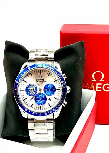 Omega Mavi Detayli Gumus Metal Kol Saati